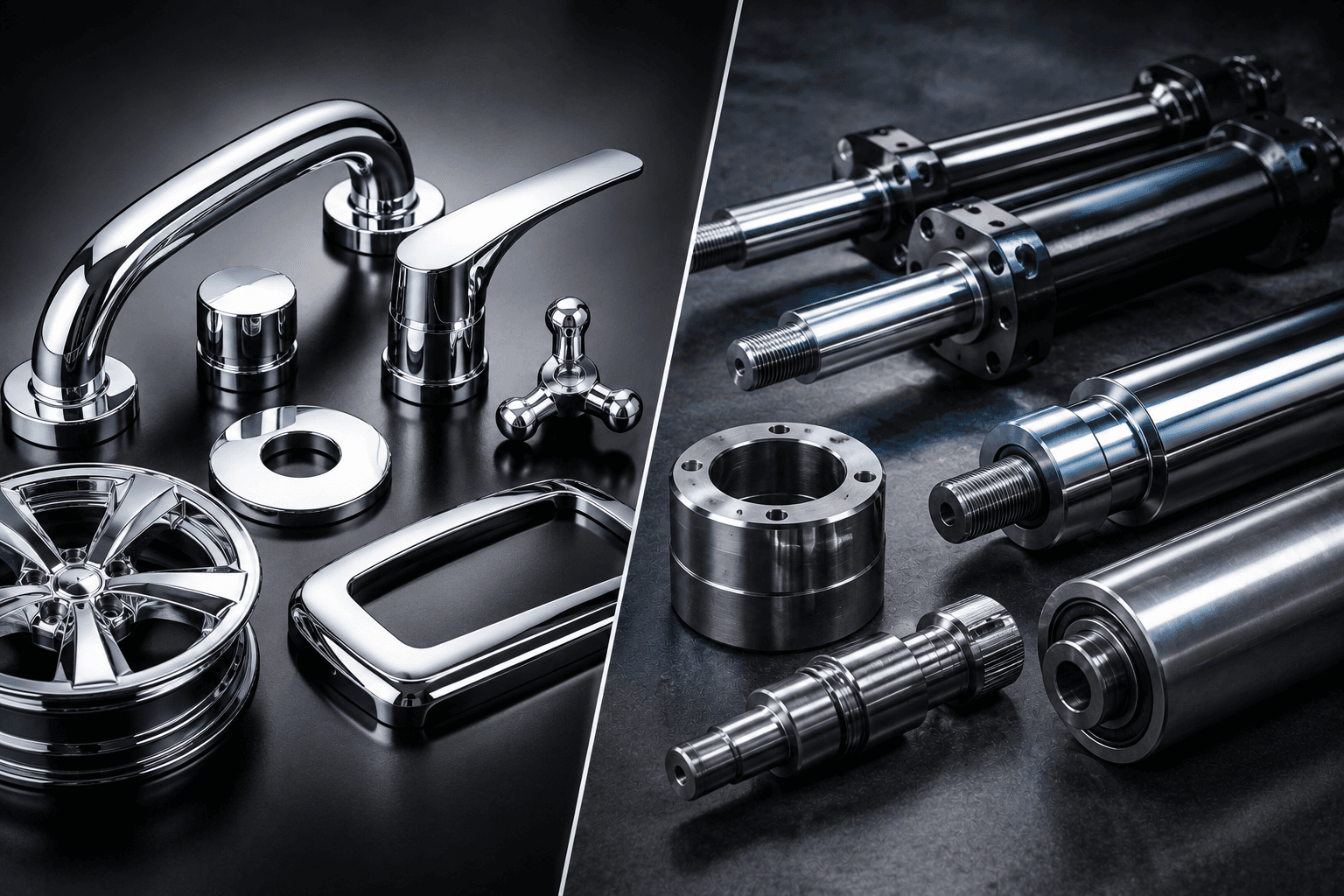 Decorative chrome plated part with a bright, mirror-polished finish beside industrial hard chrome plated shafts